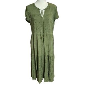 Kate & Sam Olive Midi Dress with Chest Tie Detail Tiered Eyelet Short Sleeve